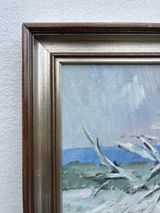 Oil Painting Expressionist Winter Landscape With Bare Tree Coast Sea Snow 1980