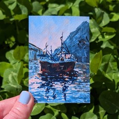 ACEO Print, Fishing Trawler Boat Mountain Ocean Harbor Sunrise, 3″ x 5″