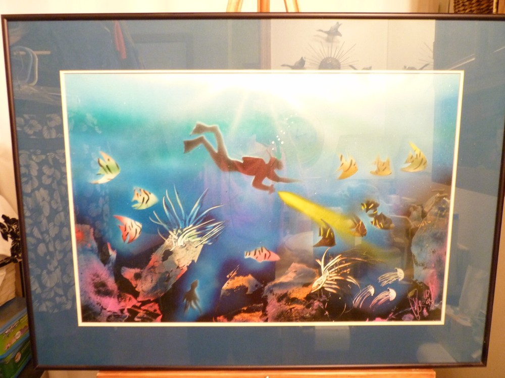 Under the Sea Scuba Diver with Fish Framed Signed