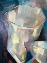 ZORA STEENSON CUBIST WINE FRUIT STILL LIFE ABSTRACT MID CENTURY MCM OIL PAINTING
