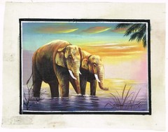 Hand Miniature Painting Of Elephant Wildlife Nature Art On Silk 9×6.5 Inches