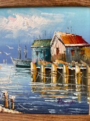 Vintage Plein Air Seascape Nautical Sailboats Harbor Scenery Oil Painting Signed