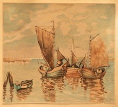 Fishing Boats, Antique Watercolor, European/Turkish, Signed Illegibly