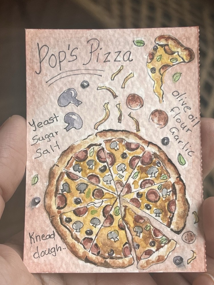 ACEO original painting watercolour Food Pizza 2.5×3.5 By Ang