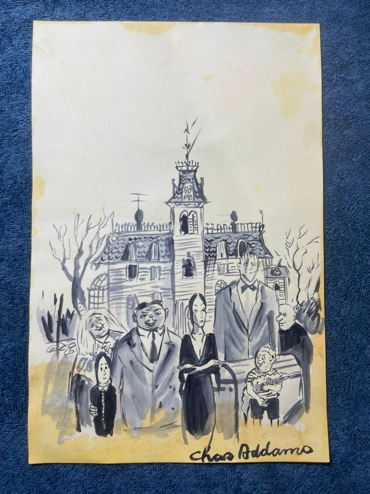 CHARLES ADDAMS drawing and painting on old paper signed stamped vintage