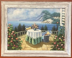 Canvas Oil Painting Seaside Ocean Landscape Veranda Patio Framed Signed Hodges