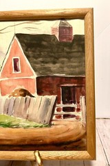 Wood Framed Red Barn Countryside Original Watercolor Painting Signed Cunette