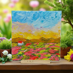 Original Oil Painting Tuscany Wildflowers Red Roofs Handmade Impasto Wall Art