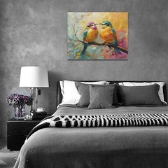 Abstract Birds Canvas Wall Art Couple Birds Standing on Branch Oil Painting P…