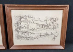 3 ORIGINAL PENCIL SKETCH PRINTS GLASS WOODEN FRAMES VILLAGE LIFE LANDSCAPE