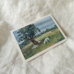ACEO Original Countryside Sheep Tree Landscape Impressionist Oil Pastel Art