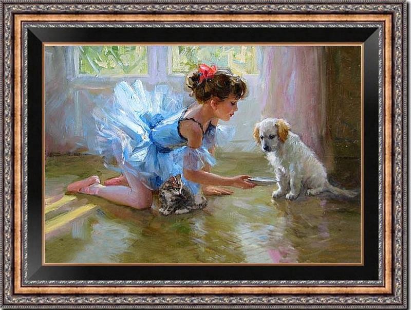 Hand Painted Oil Painting Art Female ballet Small girl and dog On Canvas 24″X36″