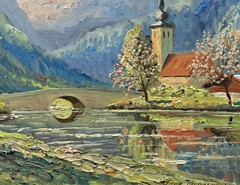 Finn Wennerwald Alpine Landscape With Church Lake Oil on Canvas, Signed, Framed