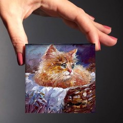 Original Oil Painting Ginger Cat Impasto Small Wall Art 4x4in Signed OS