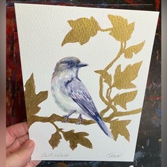 Original phoebe Painting Watercolor Bird Art Gold accents Vine nature decor EAE