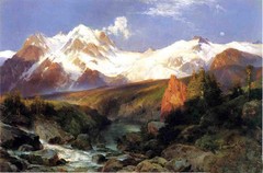 Oil art Thomas Moran The Teton Range with mountains landscape and running creek