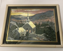 Vintage Completed Paint by Numbers Painting Snowy Chapel Horse Mountains Framed