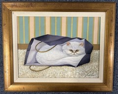Lowell Herrero Oil on Canvas American Cat in Bag Listed Signed Nice!