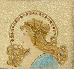 Art Nouveau Velvet Portrait Of Crowned Lady Hand Painted Textile, Czechoslovakia