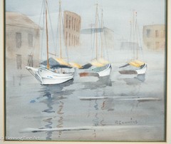 Vintage Robert Cummins Painting of Sailboats in European City Harbor 28 x 22″