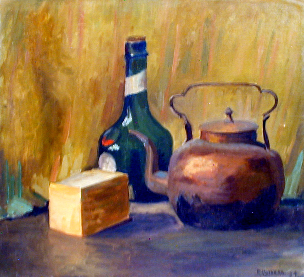 STILL LFE SALE California Oil ELEANOR COLBURN ‚Kettle & Bottle‘ 1924 20″ x 22″
