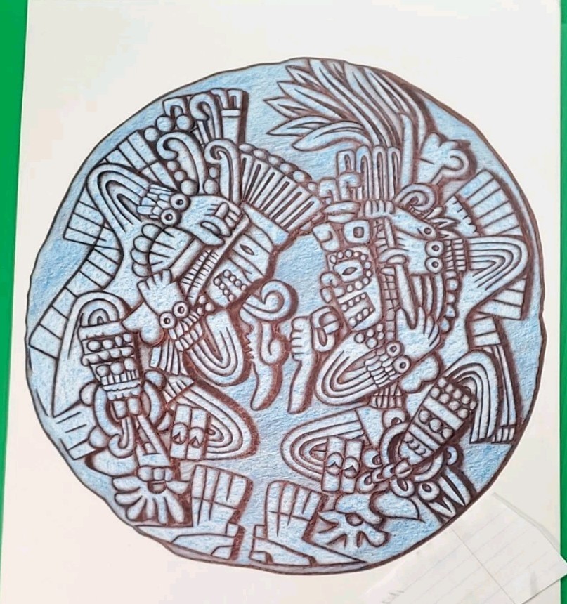 AZTEC ARTWORK FROM WITH IN A PRISON, DEPICTIONS FROM STONE CARVINGS.14″x11″inch