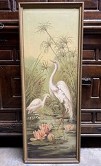 Antique 39×15” Water Lilies Cranes Oil Painting Birds Floral Landscape Lake SGND
