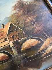 Vintage P Klaus Oil Painting on Board Landscape Scene Building Mountains Bridge