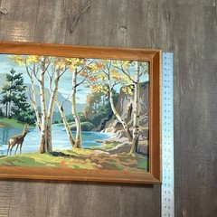 Large Paint-By-Number Framed Scenic Forest Landscape Deer & River 27″ x 21″ Vtg