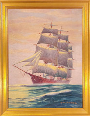 Ship Original Oil Painting Sunset Seascape Maritime in Gold Frame Henry Bernahl
