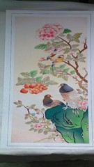 Vibrant Birds and Blossoms Korean Folk Art Painting on Silk – 9×15 inches