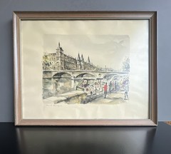 G. Lelong Original Paris Watercolor Seine River Bookstalls Street Scene Framed