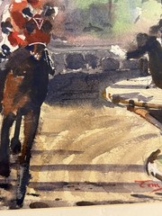 Vintage Original Horse Racing Racetrack Watercolor Painting by Tom Sutherland