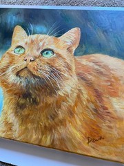 Original Oil Painting Canvas Ginger Cat with Green Eyes 20×24 in Signed Art