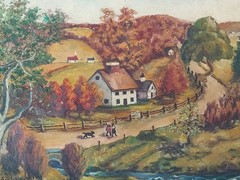 AGM Signed Mid Century Framed Landscape Oil Painting Farm Countryside Houses