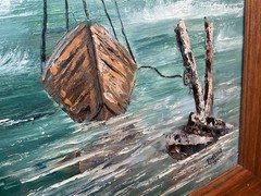 Vintage oil painting Ship Boat Ocean Seagulls
