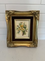Vintage Floral Still Life Painting Ornate Gold Frame 7 3/4 X 8 3/4