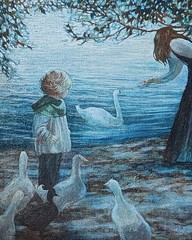 Original Helen Rayburn Caswell Oil Painting 18×20 Children Feeding Geese @ Lake
