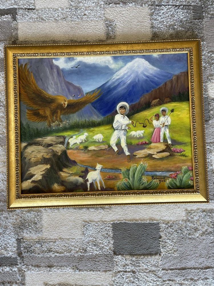 Hand painted Ecuadorian Andean Oil Painting By Rebecca 9/02 Frame is 23”x19”
