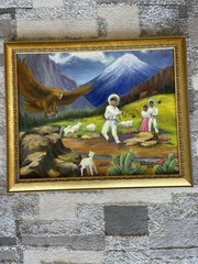 Hand painted Ecuadorian Andean Oil Painting By Rebecca 9/02 Frame is 23”x19”