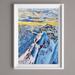 Alpine Mountain Sunrise Painting Original Art Snow Lodge Landscape Wall Decor