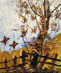 Morris Katz, VTG c. 1997 LRG Heavy Impasto Landscape O/M „Autumn Leaves“ Signed