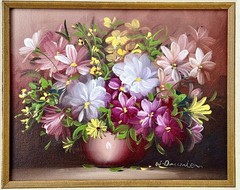 Vintage ORIGINAL 1980s Shades of Pink Floral Daisies SIGNED W Damien FRAMED