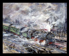 Heinz Hautt 1925 Castrop Rauxel-Hagen/steam locomotive/painting, signed