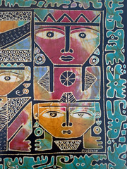 MURJOKO SIGNED BATIK PAINTING 2 PC LOT SOUTH ASIAN AZTEC MAYAN ABSTRACT FIGURES