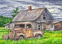 Watercolor Painting Farm Barn Pickup Truck Nature ACEO Art