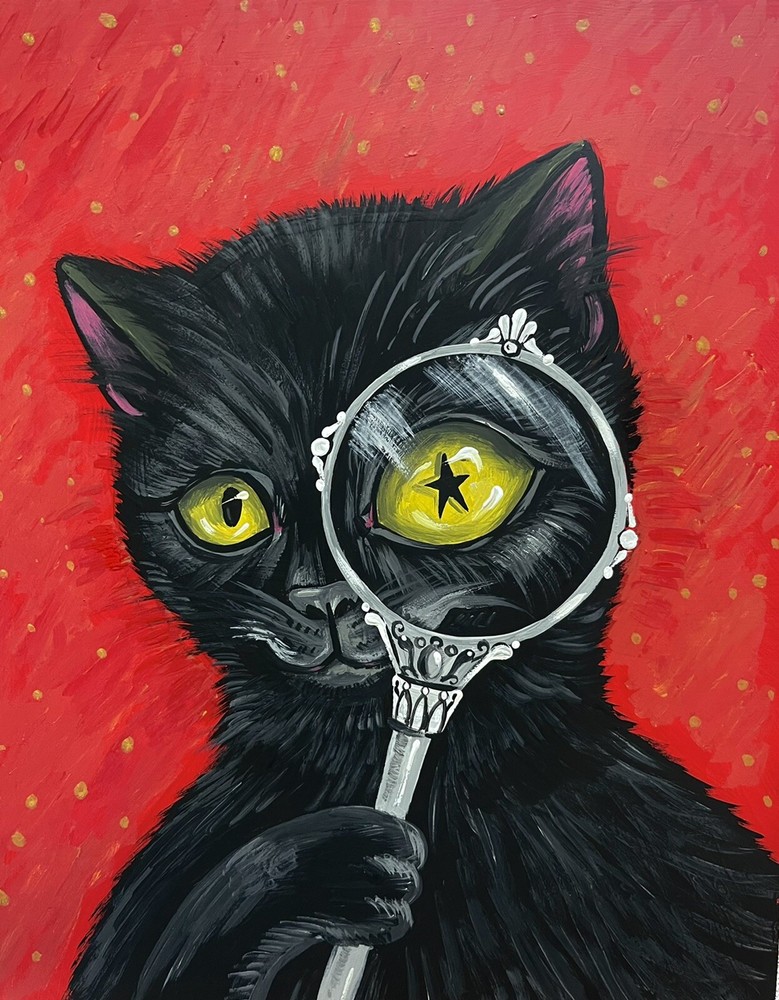 8×10 PRINT OF PAINTING RYTA HALLOWEEN WITCH BLACK CAT VINTAGE STYLE FOLK ART