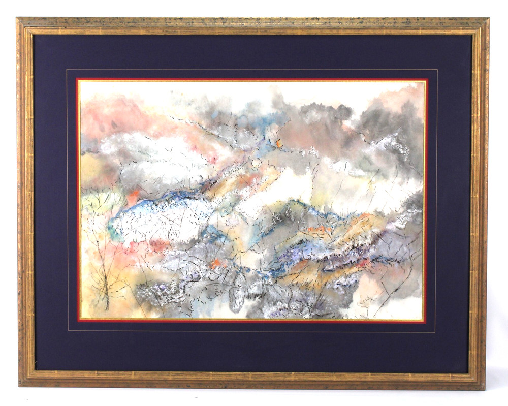 Mid Century Abstract Landscape Watercolor Painting On Rice Paper Signed G. Debo
