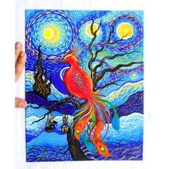 Phoenix Bird Starry Night UV Radiant & Acrylic Painting 8.5×11 Canvas Art NEW