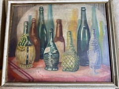Steward Lewise 1954 „Bottles And Shadows“ Oil Painting – Signed And Framed